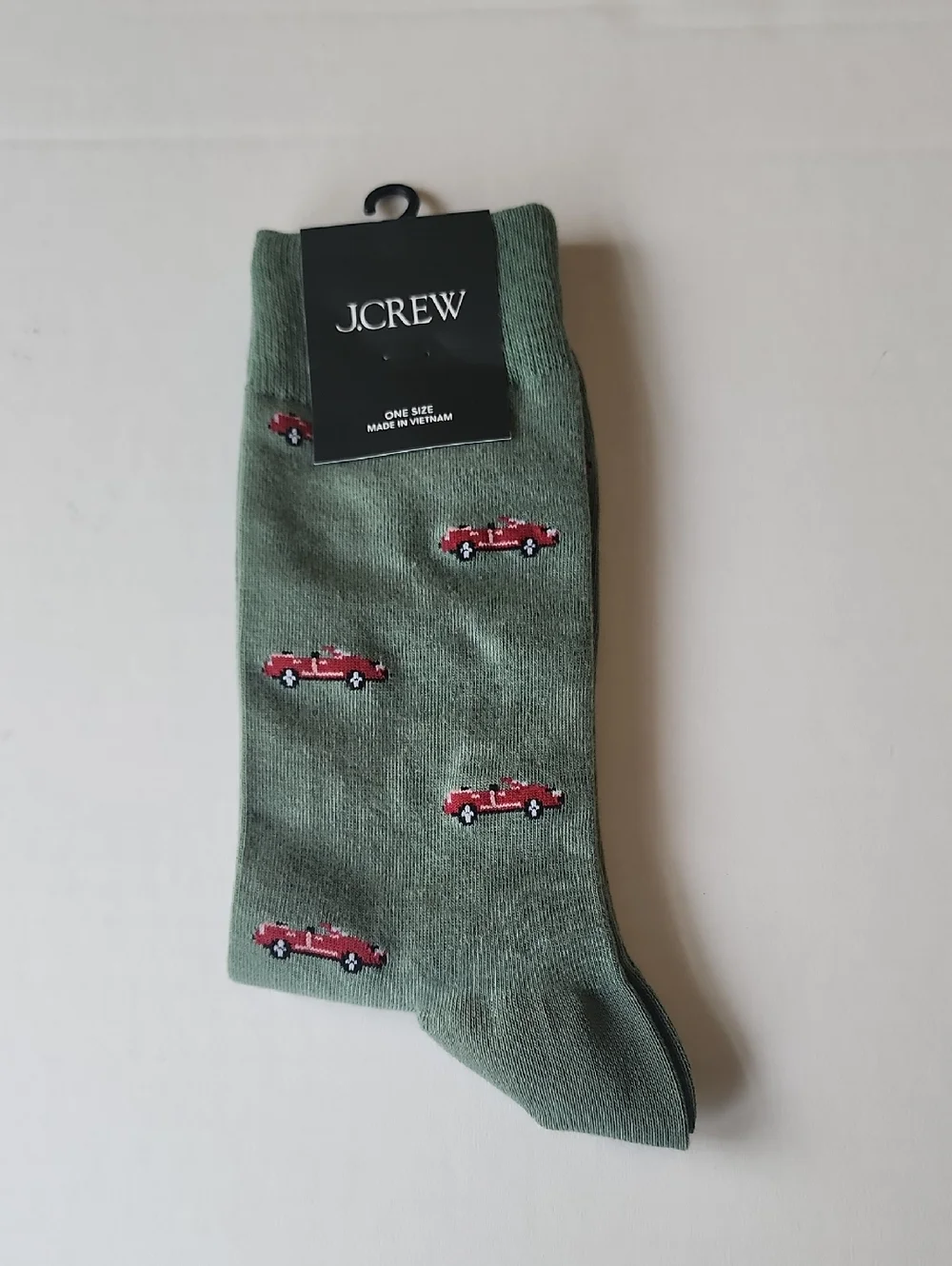 J. Crew Men's Olive Crew Socks with Red Car Motif